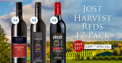 Jost Harvest Red Wine 12-Pack includes Jost Founders' Red 750ml (x4), 4 Skins 750ml (x4), Great Big Friggin' Red 750ml (x