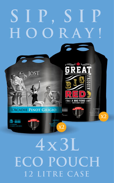 Sip, Sip, Hooray! 4 x 3L Pack includes L'Acadie Pinot Grigio 2 x 3L and Great Big Friggin' Red 2 x 3L