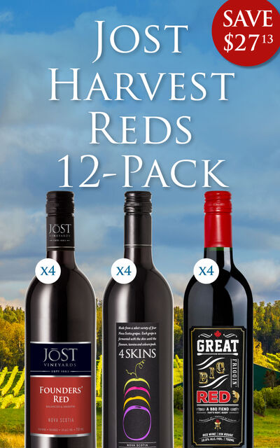 Jost Harvest Red Wine 12-Pack includes Jost Founders' Red 750ml (x4), 4 Skins 750ml (x4), Great Big Friggin' Red 750ml (x