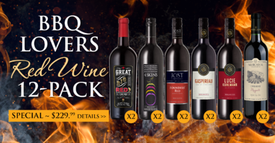 BBQ Lovers Red Wine 12-Pack includes Jost 4Skins 750ml (x2), Great Big Friggin' Red 750ml (x2), Jost Founders' Red (x2), G